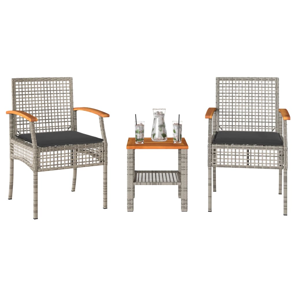 vidaXL 3-tlg. Bistro-Set mit Kissen Schwarz Poly Rattan Akazienholz