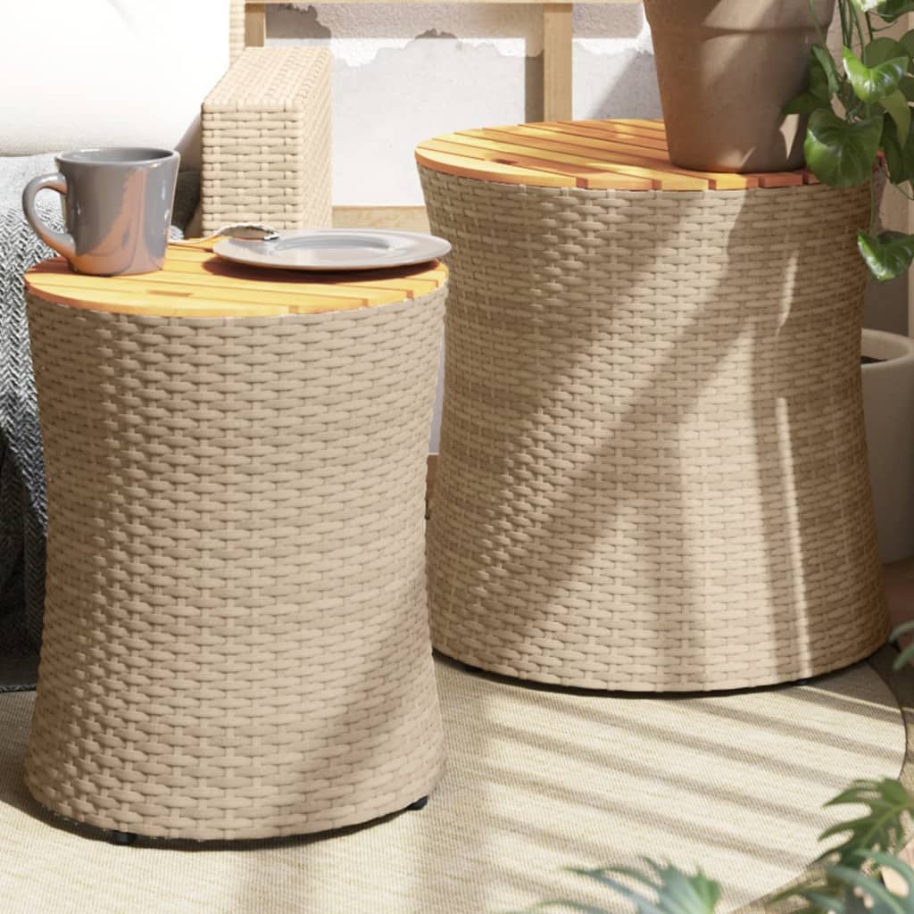 vidaXL Garten-Beistelltische 2 Stk. mit Holzplatte Schwarz Poly Rattan