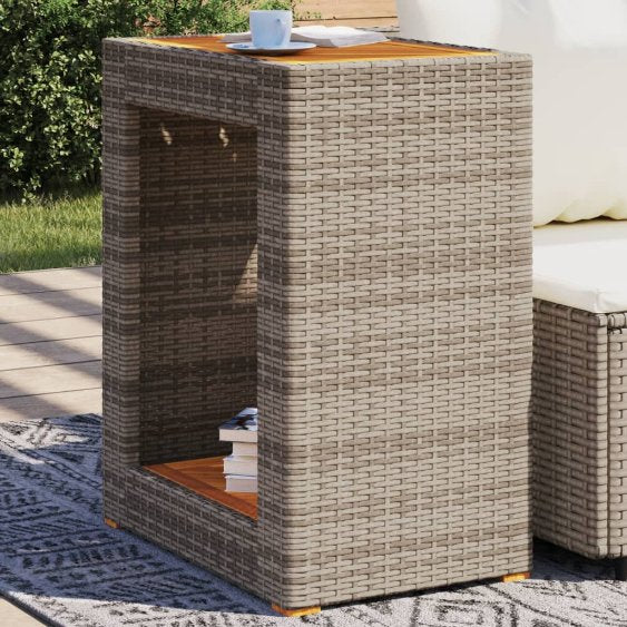 vidaXL Garten-Beistelltisch mit Holzplatte Schwarz Poly Rattan