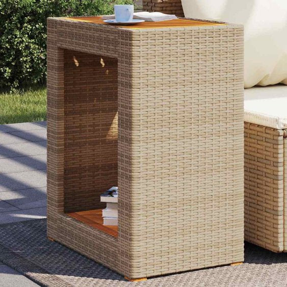 vidaXL Garten-Beistelltisch mit Holzplatte Schwarz Poly Rattan