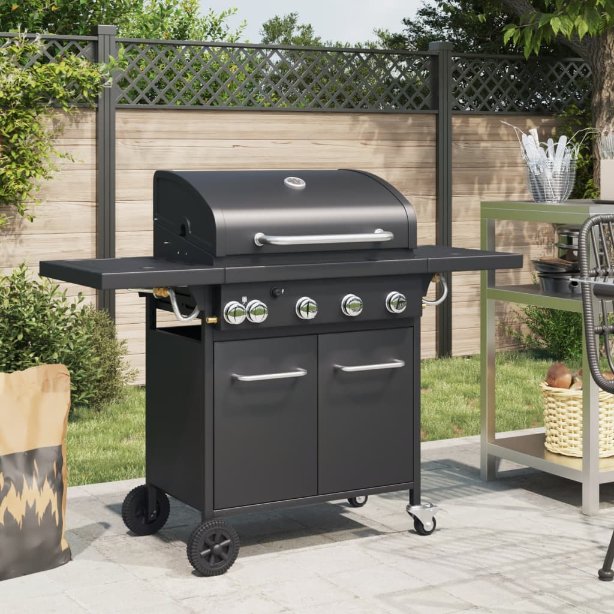 vidaXL Gasgrill mit 4 Flammen Schwarz Pulverbeschichteter Stahl