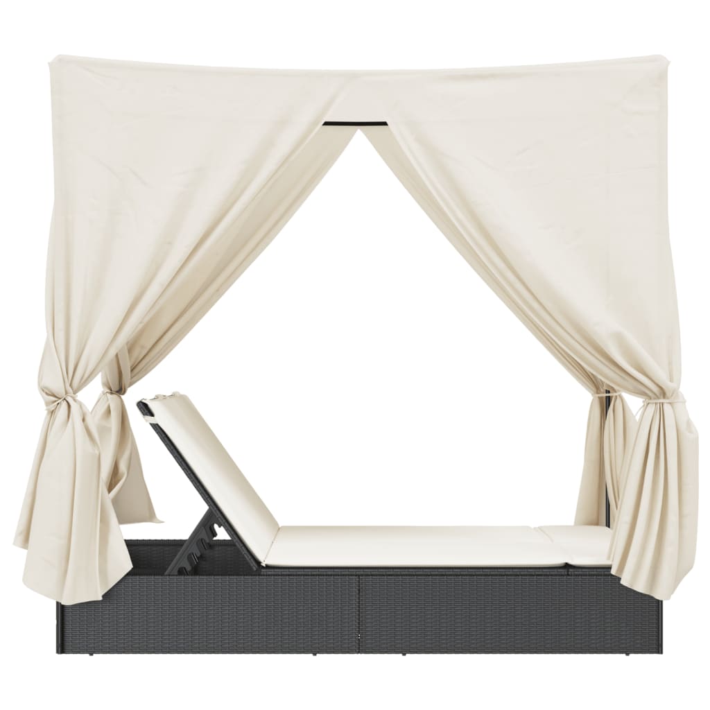 vidaXL Doppel-Sonnenliege mit Dach und Vorhängen Schwarz Poly-Rattan