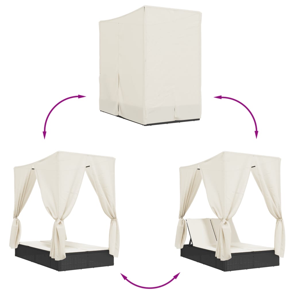 vidaXL Doppel-Sonnenliege mit Dach und Vorhängen Schwarz Poly-Rattan