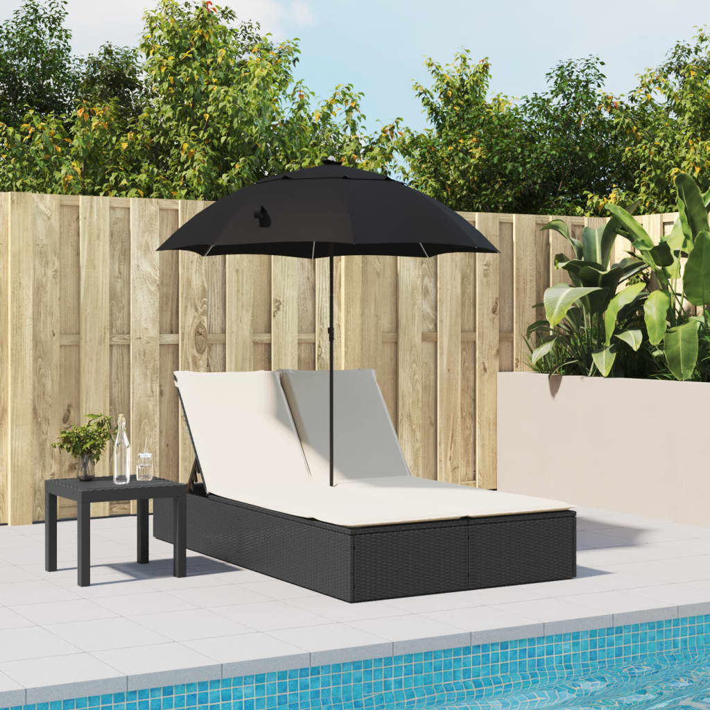 vidaXL Doppel-Sonnenliege mit Kissen&Sonnenschirm Schwarz Poly Rattan