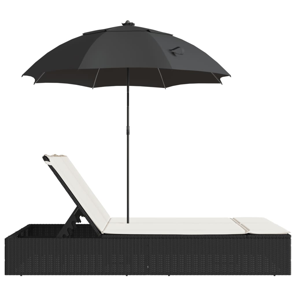 vidaXL Doppel-Sonnenliege mit Kissen&Sonnenschirm Schwarz Poly Rattan