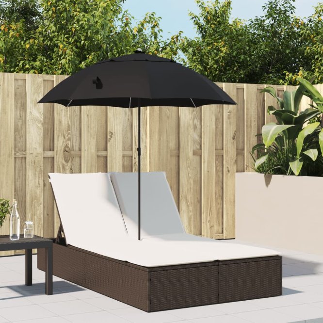 vidaXL Doppel-Sonnenliege mit Kissen&Sonnenschirm Schwarz Poly Rattan