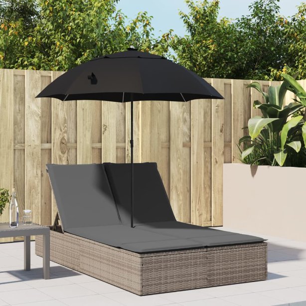 vidaXL Doppel-Sonnenliege mit Kissen&Sonnenschirm Schwarz Poly Rattan