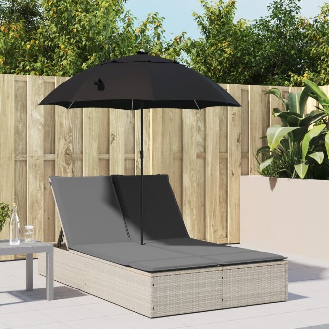 vidaXL Doppel-Sonnenliege mit Kissen&Sonnenschirm Schwarz Poly Rattan