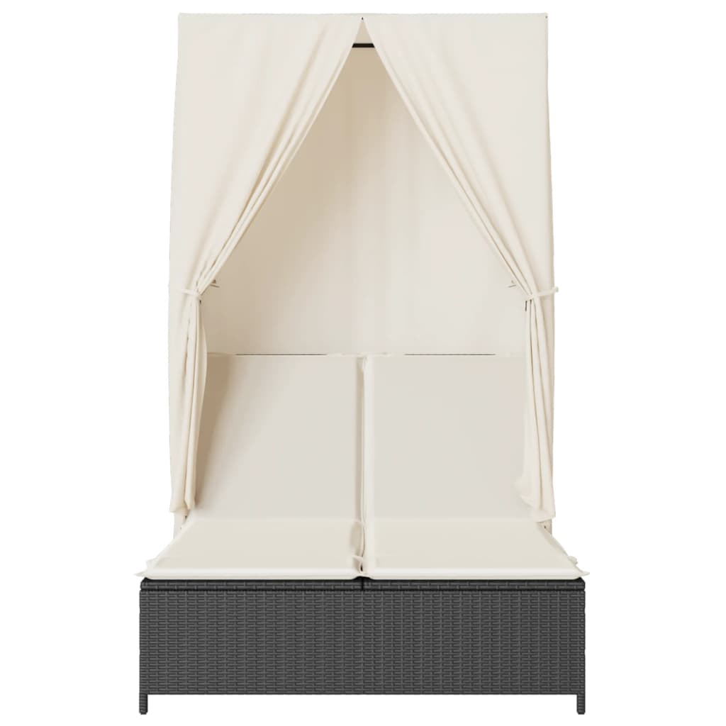 vidaXL Doppel-Sonnenliege mit Dach und Vorhängen Schwarz Poly-Rattan