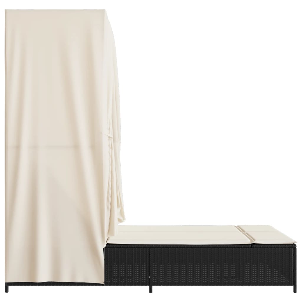 vidaXL Doppel-Sonnenliege mit Dach und Vorhängen Schwarz Poly-Rattan