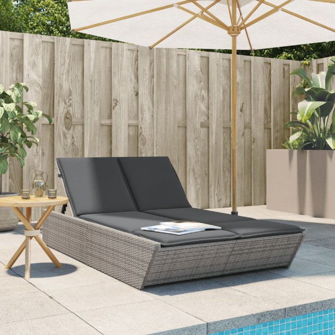 vidaXL Doppel-Sonnenliege mit Kissen Schwarz Poly Rattan