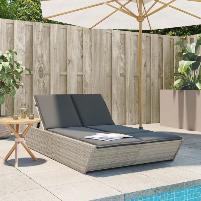 vidaXL Doppel-Sonnenliege mit Kissen Schwarz Poly Rattan