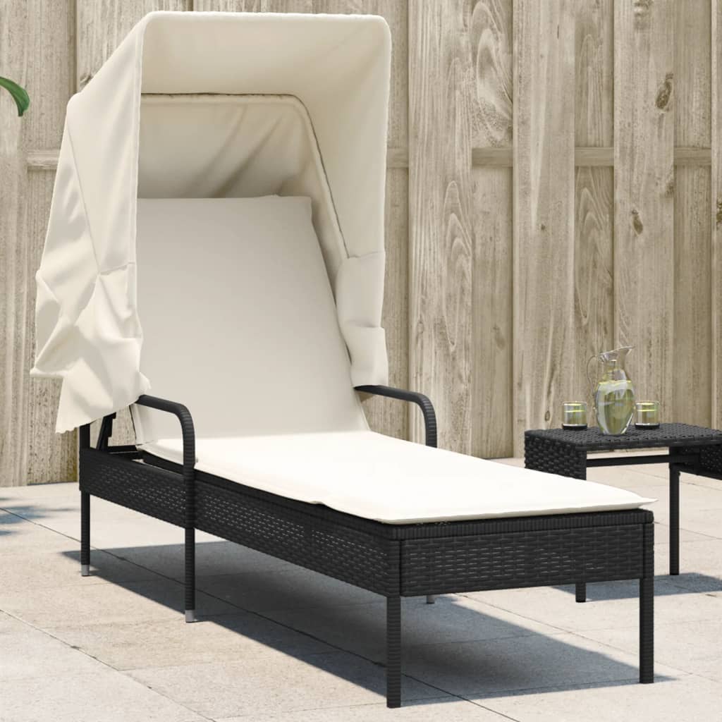 vidaXL Sonnenliege mit Dach Schwarz Poly Rattan
