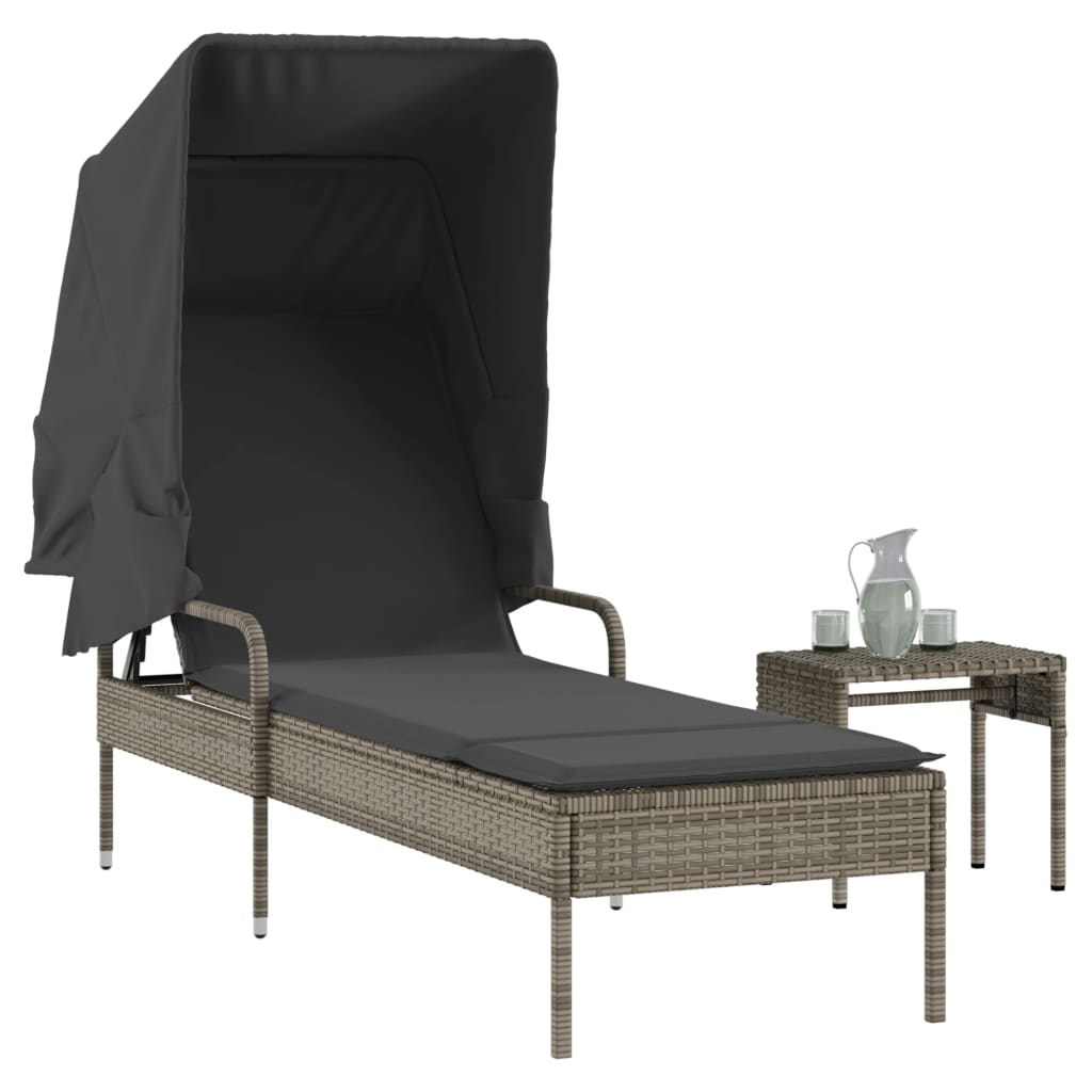 vidaXL Sonnenliege mit Dach Schwarz Poly Rattan