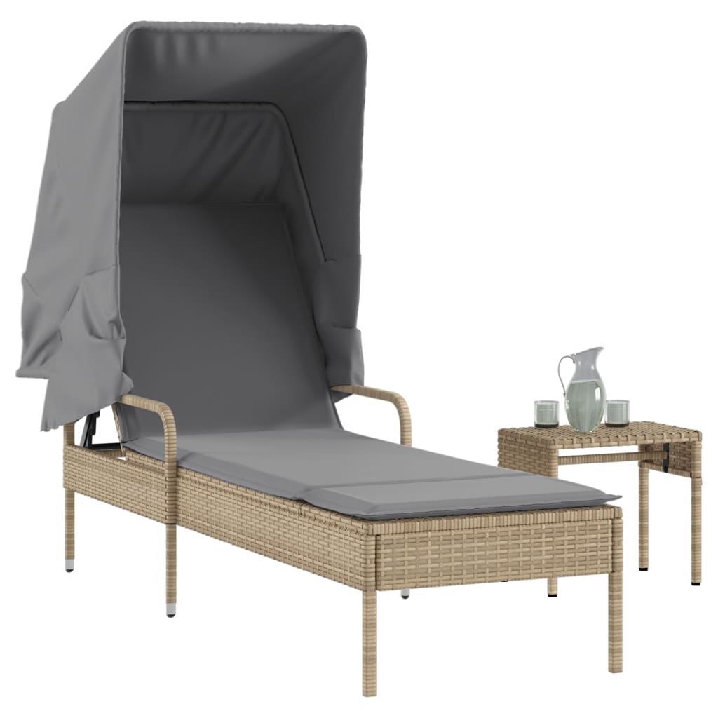 vidaXL Sonnenliege mit Dach Schwarz Poly Rattan