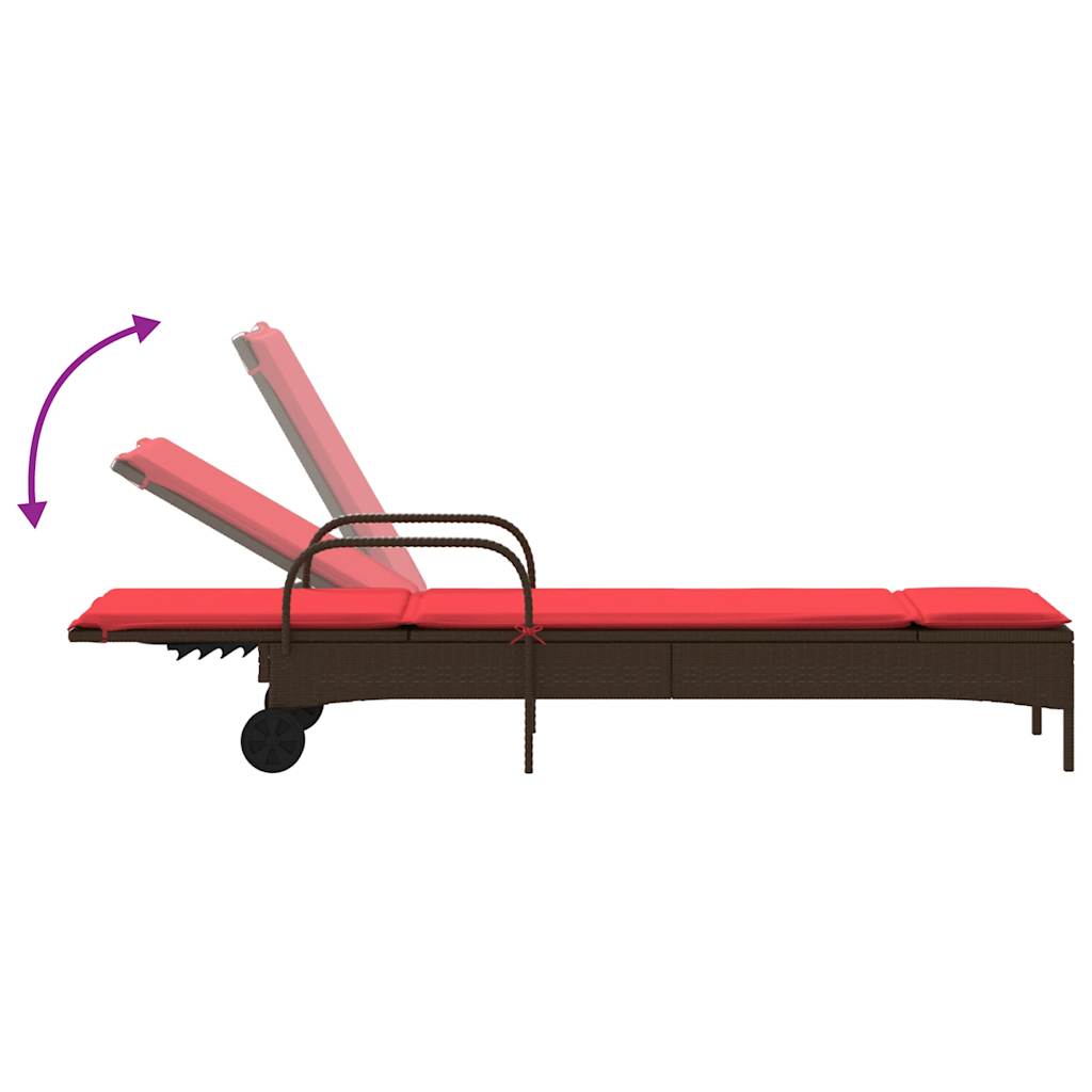 vidaXL Sonnenliege mit Rollen und Kissen Braun Poly Rattan