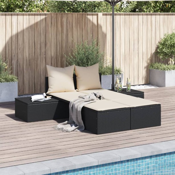 vidaXL Doppel-Sonnenliege mit Kissen Schwarz Poly Rattan
