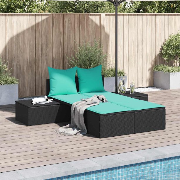 vidaXL Doppelte Sonnenliege mit Kissen Braun Poly Rattan