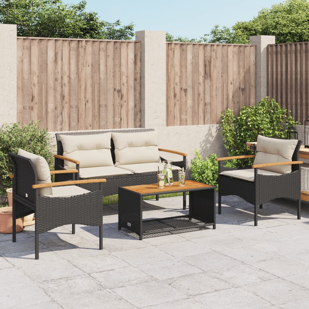 vidaXL 4-tlg. Garten-Sofagarnitur mit Kissen Schwarz Poly Rattan