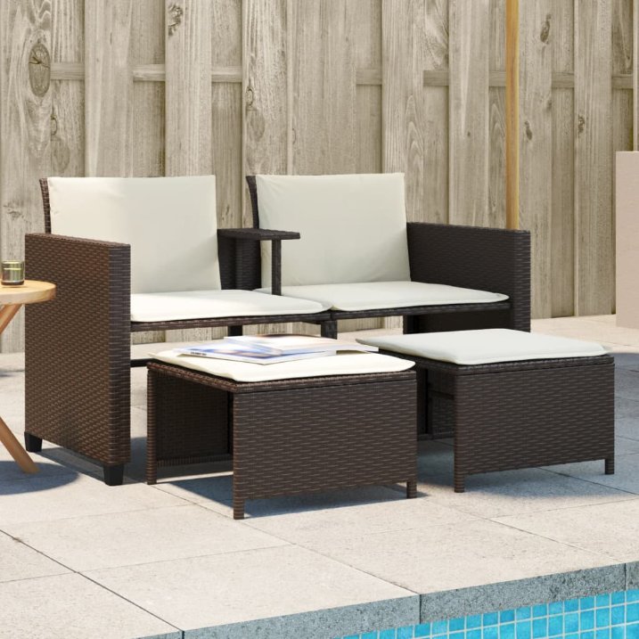 vidaXL Gartensofa 2-Sitzer mit Tisch und Hockern Schwarz Poly Rattan