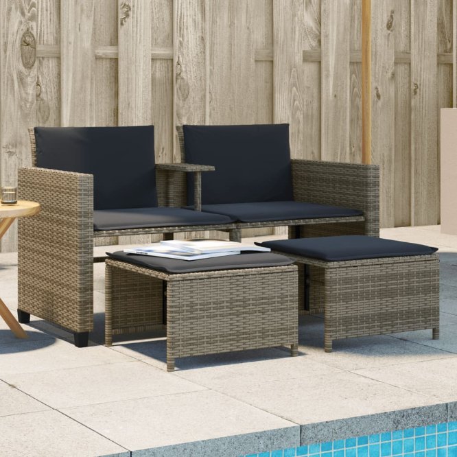 vidaXL Gartensofa 2-Sitzer mit Tisch und Hockern Schwarz Poly Rattan