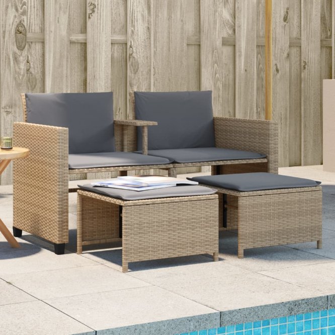 vidaXL Gartensofa 2-Sitzer mit Tisch und Hockern Schwarz Poly Rattan