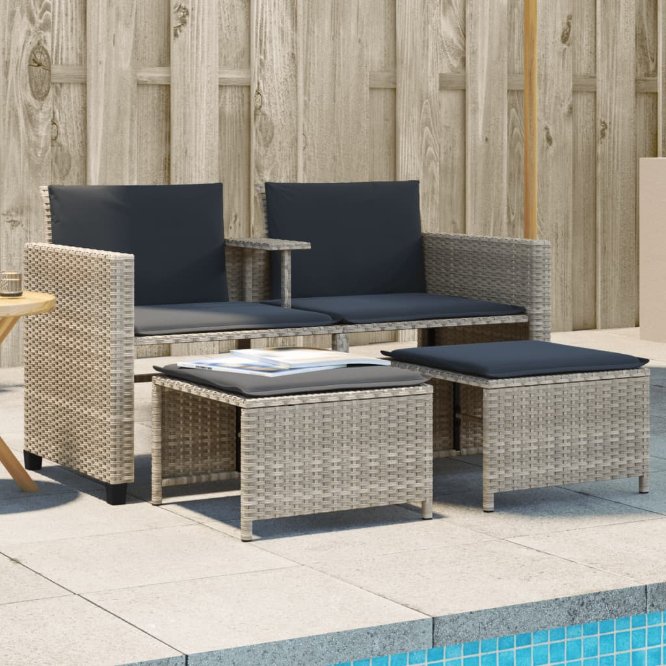 vidaXL Gartensofa 2-Sitzer mit Tisch und Hockern Schwarz Poly Rattan