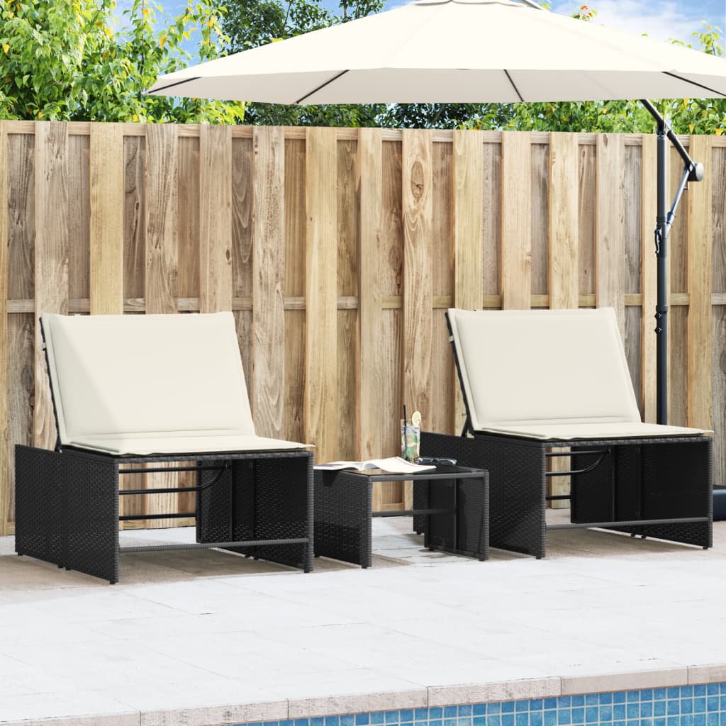 vidaXL Modulare Sonnenliegen 2 Stk. mit Tisch Schwarz Poly Rattan