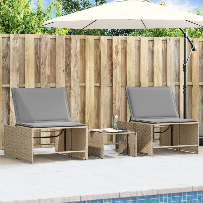 vidaXL Modulare Sonnenliegen 2 Stk. mit Tisch Schwarz Poly Rattan