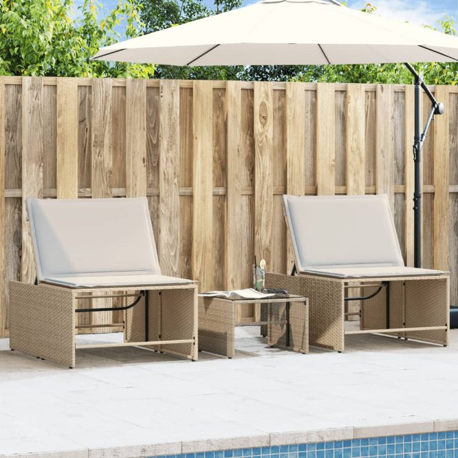 vidaXL Modulare Sonnenliegen 2 Stk. mit Tisch Schwarz Poly Rattan
