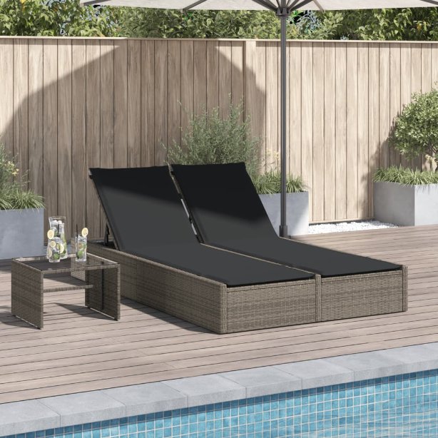 vidaXL Doppel-Sonnenliege mit Kissen Schwarz Poly Rattan
