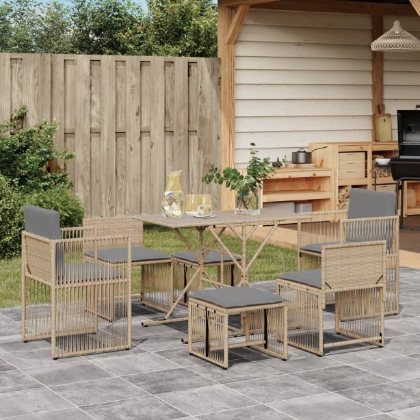 vidaXL 7-tlg. Garten-Essgruppe mit Kissen Schwarz Poly Rattan