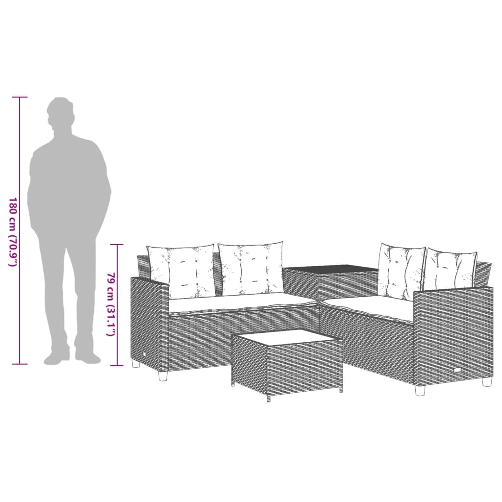 vidaXL Gartensofa in L-Form mit Tisch und Kissen Schwarz Poly Rattan