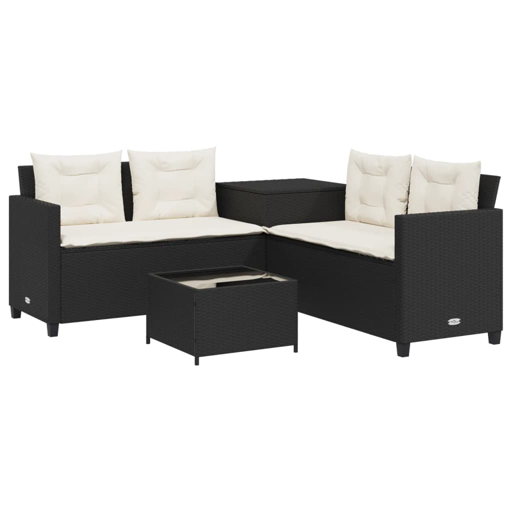 vidaXL Gartensofa in L-Form mit Tisch und Kissen Schwarz Poly Rattan
