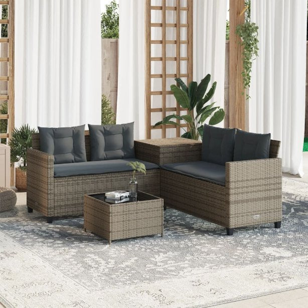 vidaXL Gartensofa in L-Form mit Tisch und Kissen Schwarz Poly Rattan