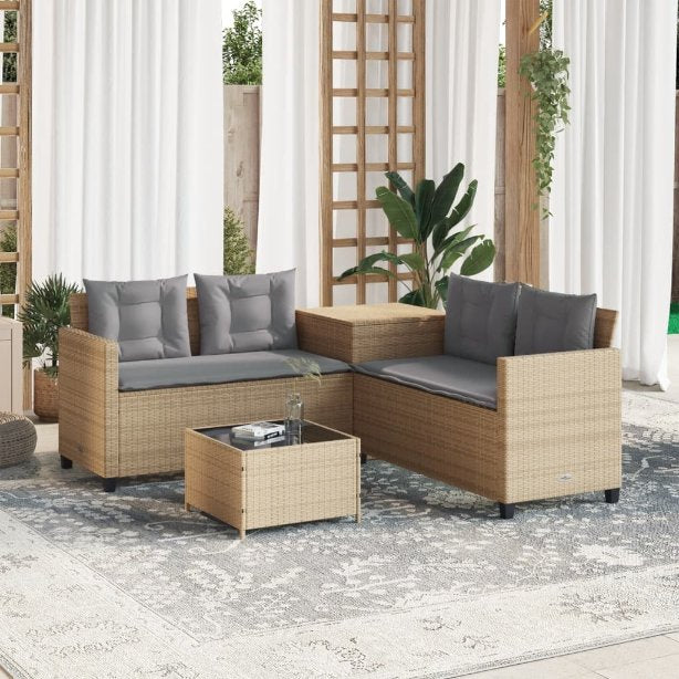 vidaXL Gartensofa in L-Form mit Tisch und Kissen Schwarz Poly Rattan