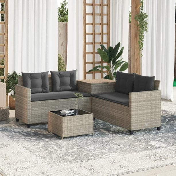 vidaXL Gartensofa in L-Form mit Tisch und Kissen Schwarz Poly Rattan