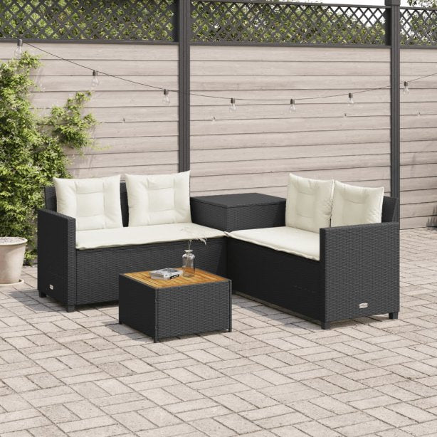 vidaXL Gartensofa in L-Form mit Tisch und Kissen Schwarz Poly Rattan