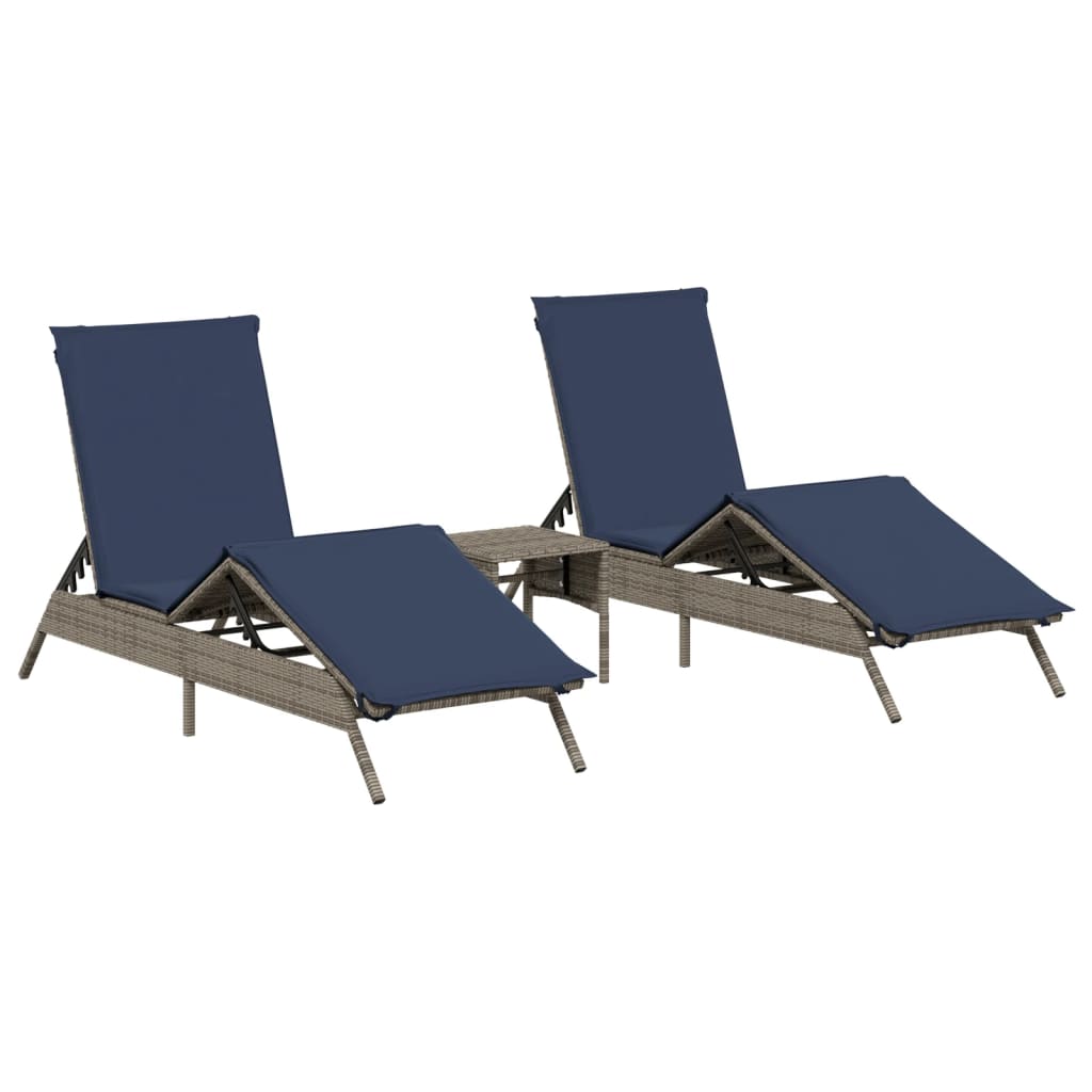 vidaXL Sonnenliegen 2 Stk. mit Tisch Grau Poly Rattan
