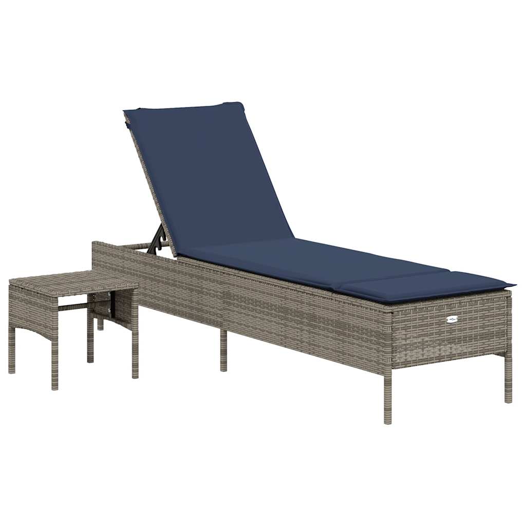 vidaXL Sonnenliege mit Tisch und Kissen Grau Poly Rattan