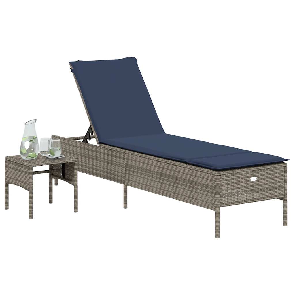 vidaXL Sonnenliege mit Tisch und Kissen Grau Poly Rattan