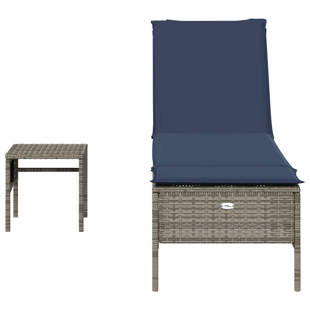 vidaXL Sonnenliege mit Tisch und Kissen Grau Poly Rattan
