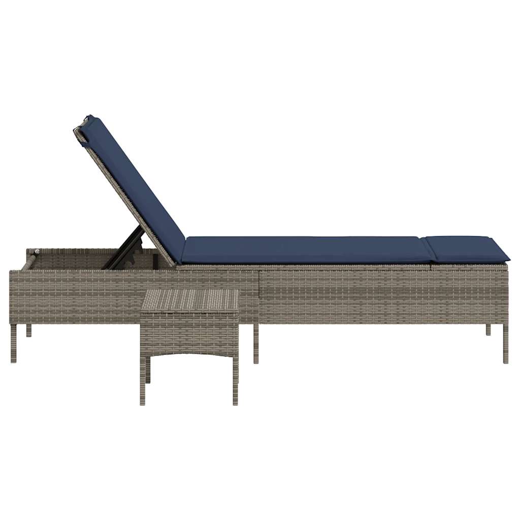 vidaXL Sonnenliege mit Tisch und Kissen Grau Poly Rattan
