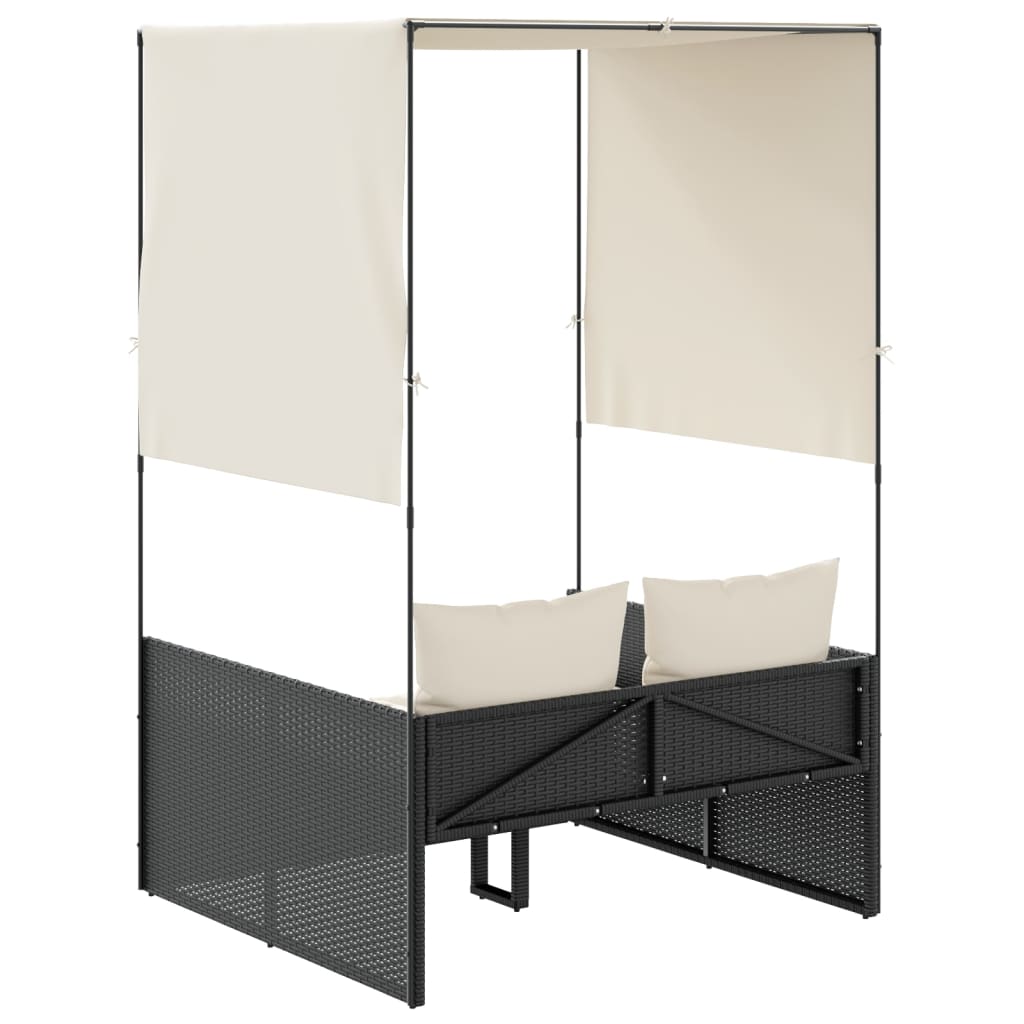 vidaXL Doppel-Sonnenliege mit Dach und Vorhängen Schwarz Poly-Rattan
