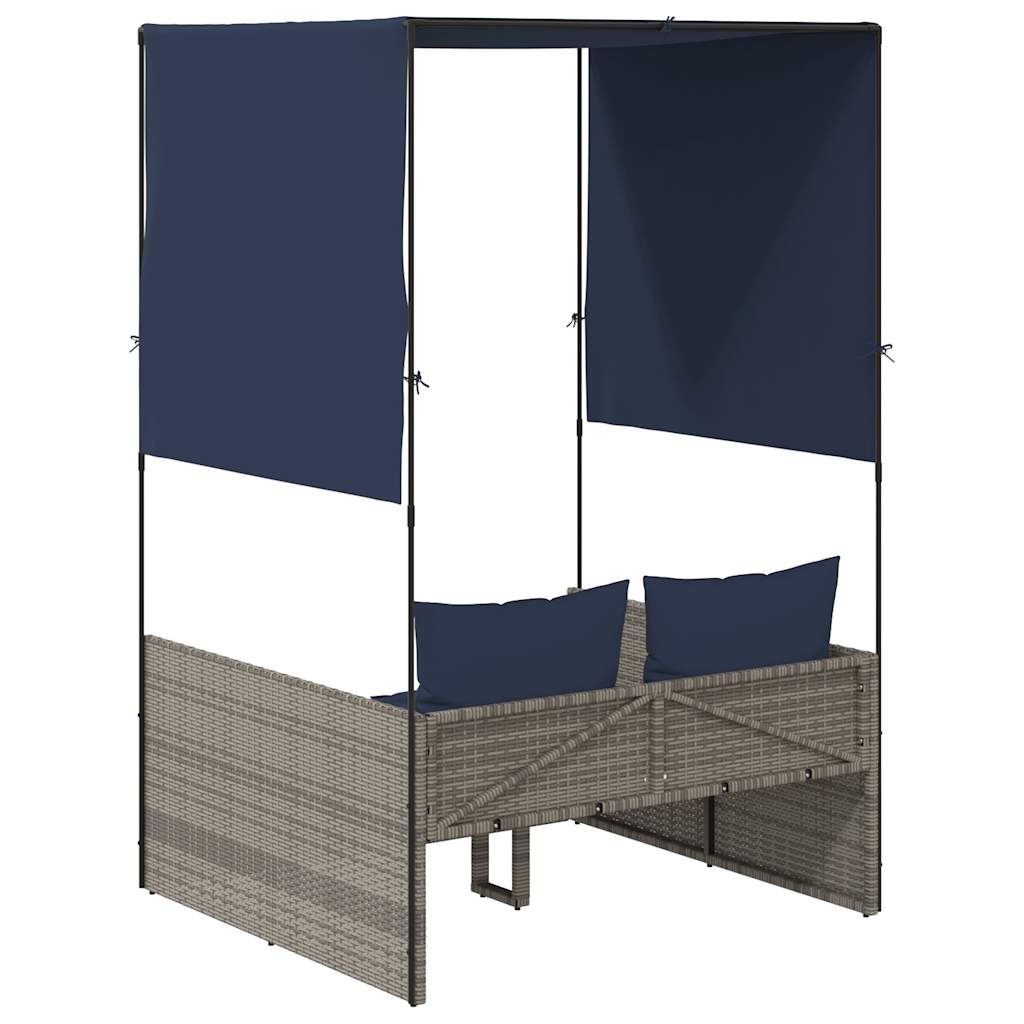 vidaXL Doppelte Sonnenliege mit Dach und Vorhängen, grau, Polyrattan