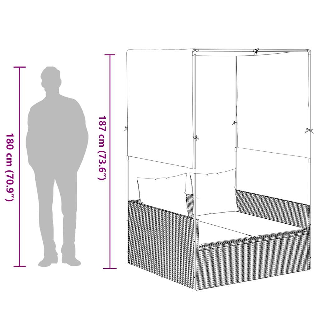 vidaXL Doppelte Sonnenliege mit Dach und Vorhängen, grau, Polyrattan