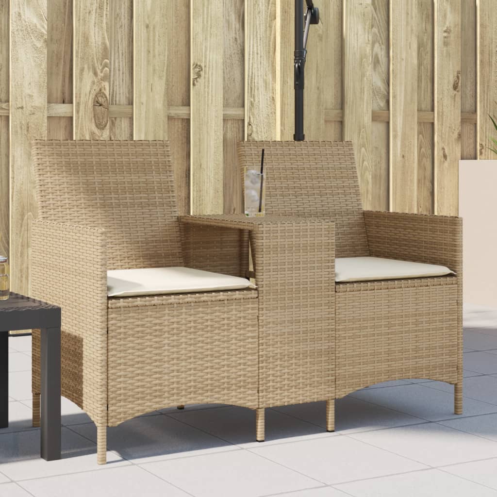 vidaXL Gartensofa 2-Sitzer mit Tisch und Kissen Braun Poly Rattan
