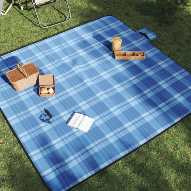vidaXL Picknickdecke Faltbar Blau Kariert 200x150 cm Samt