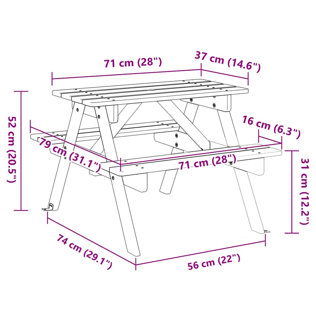vidaXL Picknicktisch für 4 Kinder mit Schirmloch Massivholz Tanne