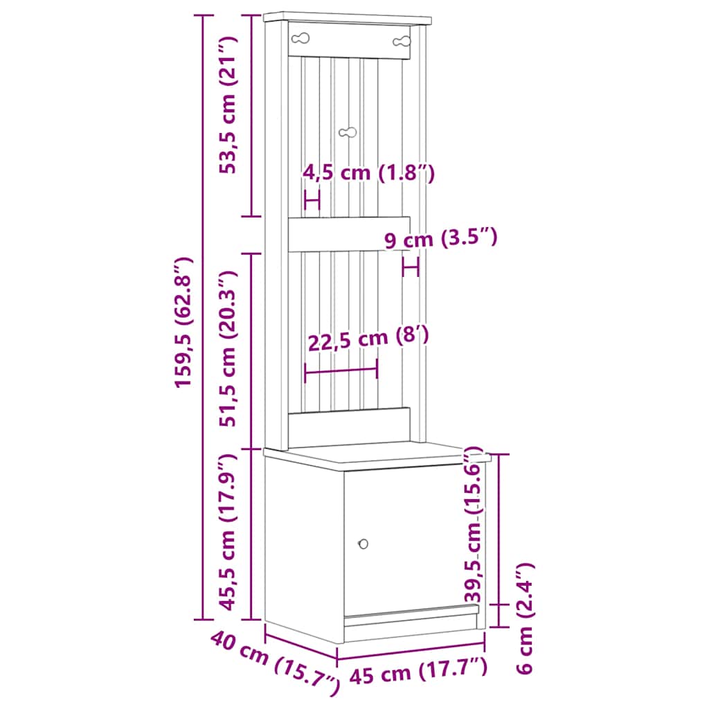 vidaXL Garderobenständer SANDNES 45x40x159,5 cm Massivholz Kiefer